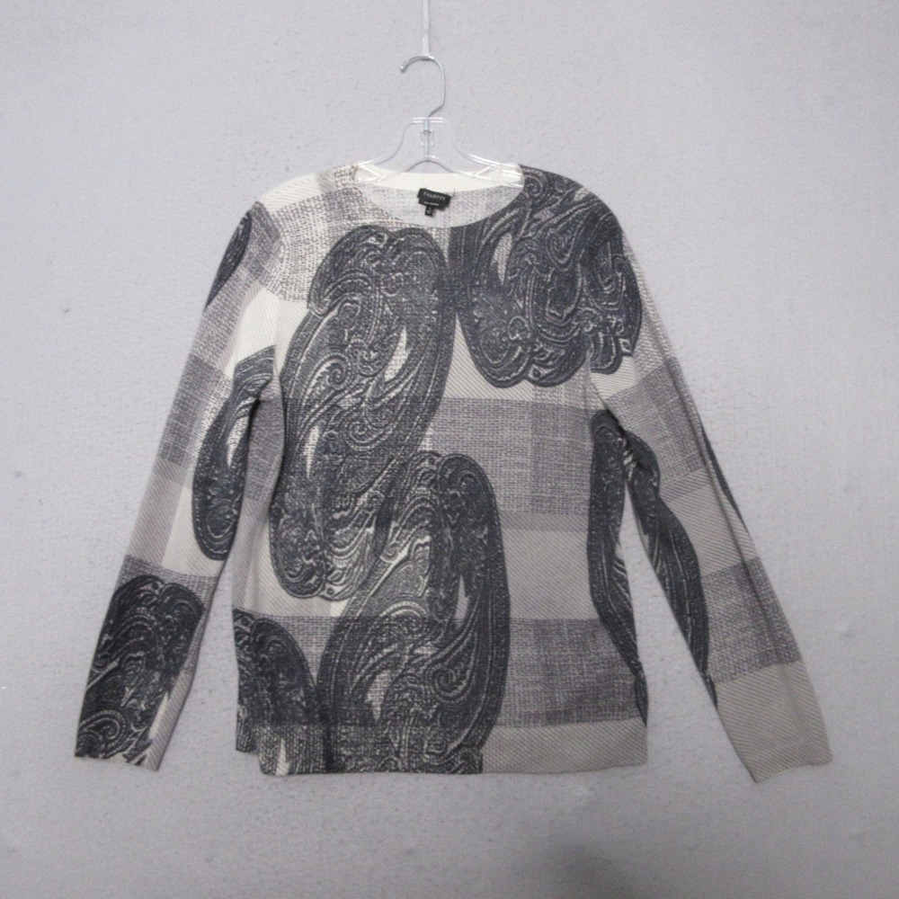 Talbots Pure Cashmere Sweater Women Large Gray Paisley Plaid Crewneck Soft Cozy